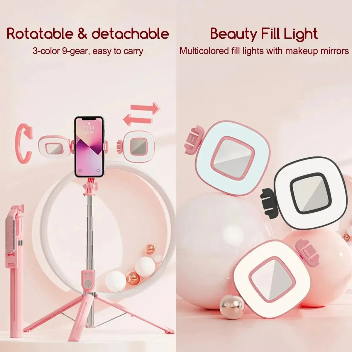 Selfie Stick Tripod 1-3m With Led Ring Light Detachable Remote 360 Rotation