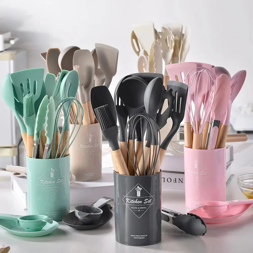 12 Pcs Silicone Cooking Utensils With Wooden Handles