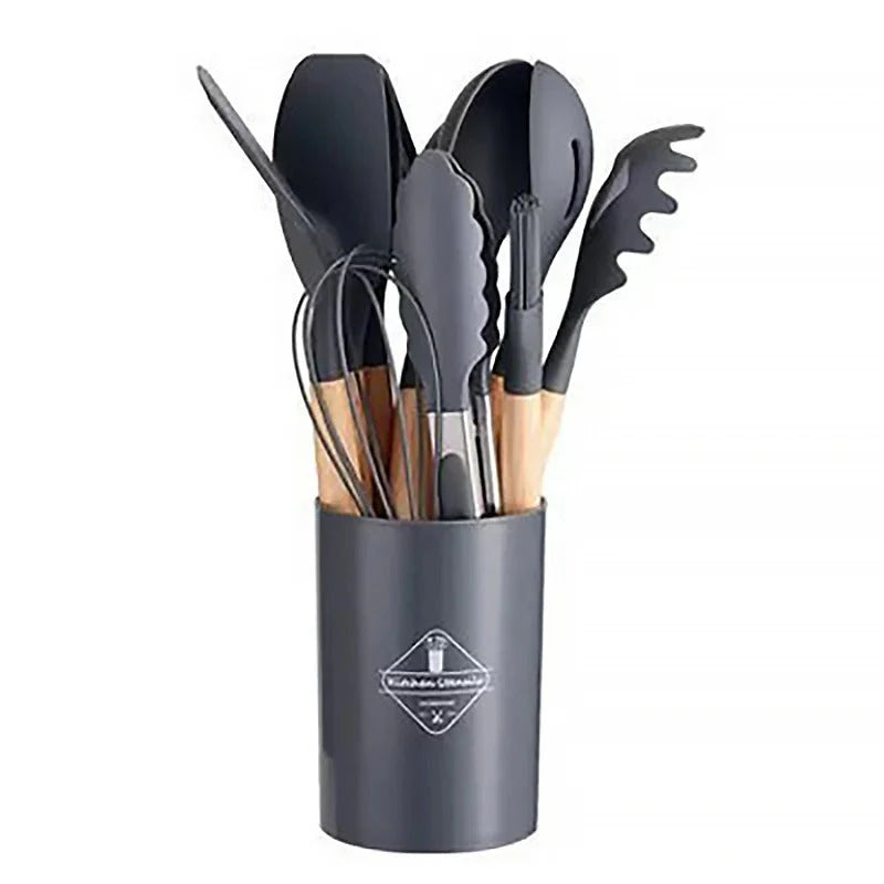 12 Pcs Silicone Cooking Utensils With Wooden Handles