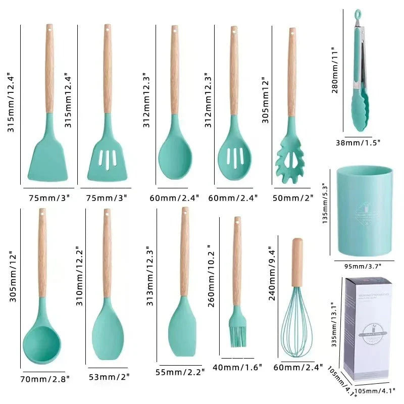 12 Pcs Silicone Cooking Utensils With Wooden Handles