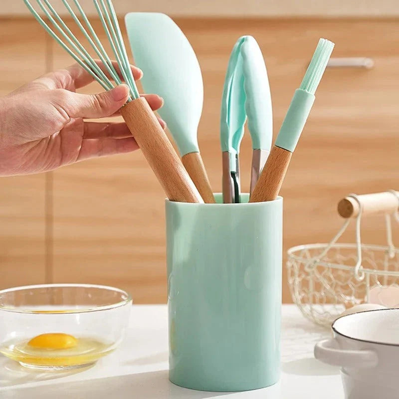 12 Pcs Silicone Cooking Utensils With Wooden Handles