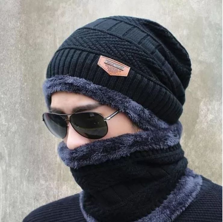 Winter Cap And Neck Elastic Knitting Thick Fleece Warm Woolen Beanie Cap 2-piece